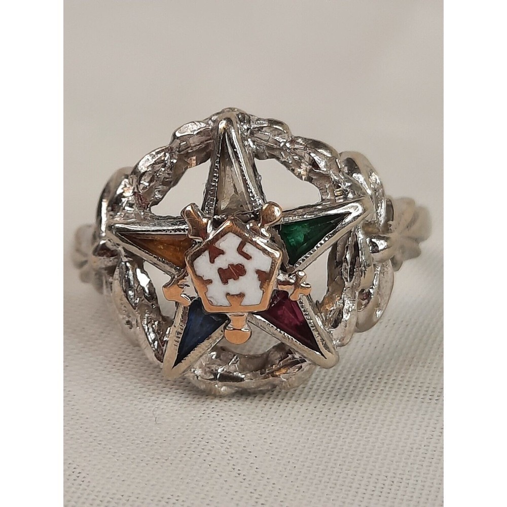 Vintage 10K White Gold Eastern Star Ring with Gemstones Size 6.75 Women's Masons